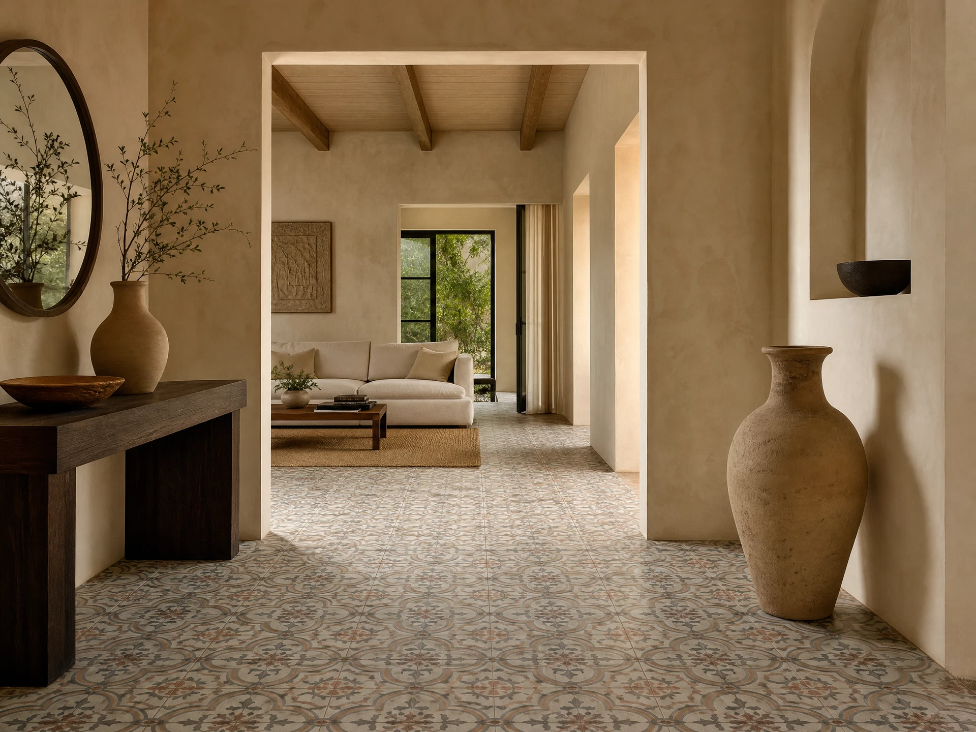 Patterned tile floor in a sunlit interior